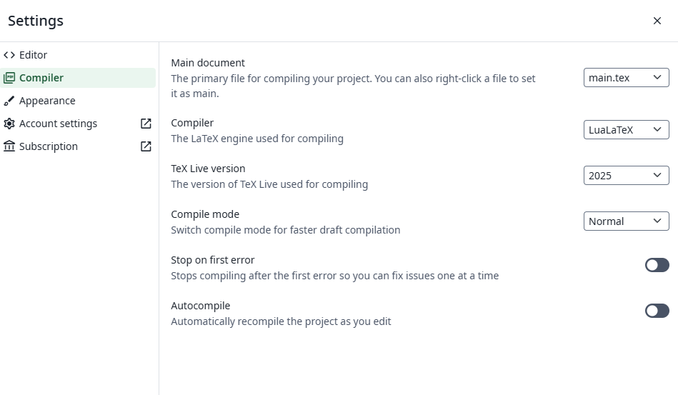 Settings menu in Overleaf showing the compiler and TeX Live version